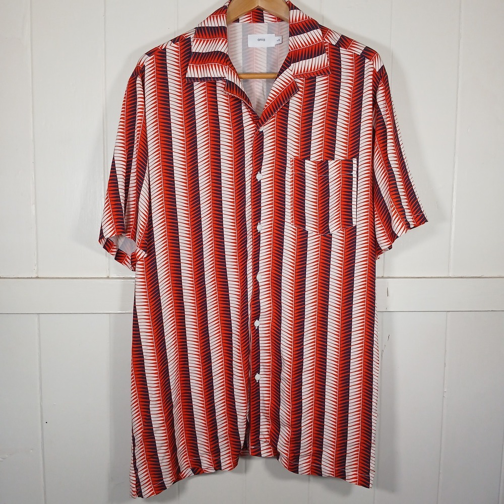 ONIA Button Up Shirt Mens Large Red White Blue Geometric Stripe Camp Collar